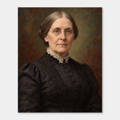 Susan B. Anthony in an original full-color oil portrait displayed on a neutral background