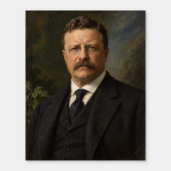 Theodore Roosevelt in an original full-color oil portrait displayed on a neutral background