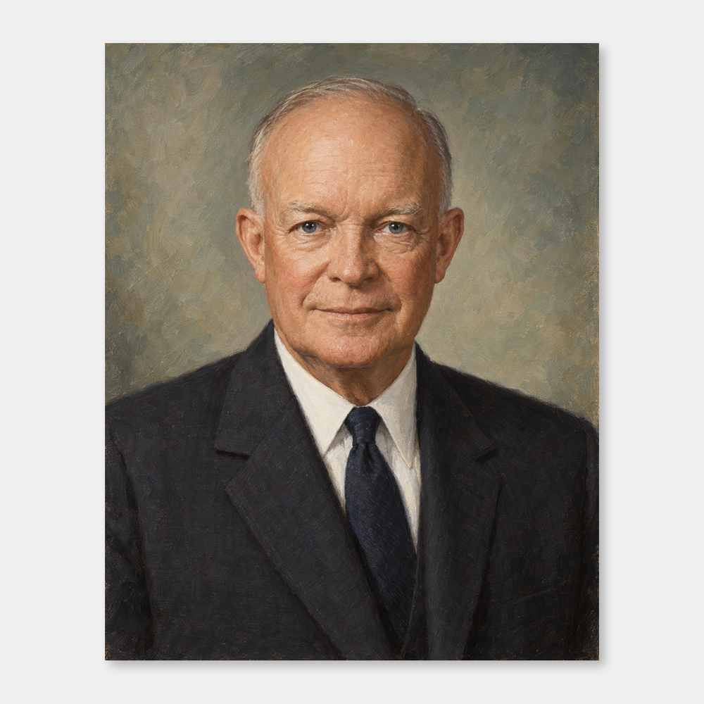 Dwight D. Eisenhower in an original full-color oil portrait displayed on a neutral background