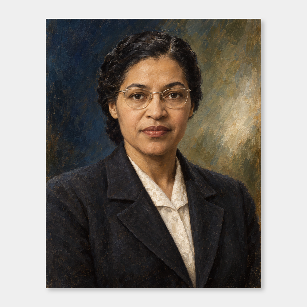 Rosa Parks in an original full-color oil portrait displayed on a neutral background