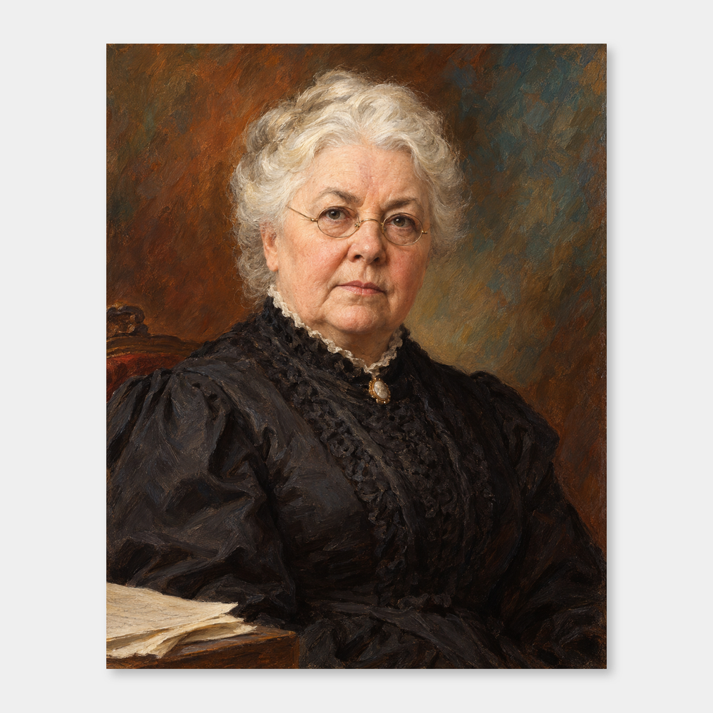 Elizabeth Cady Stanton in an original full-color oil portrait displayed on a neutral background
