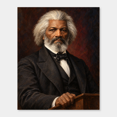Frederick Douglass in an original full-color oil portrait displayed on a neutral background