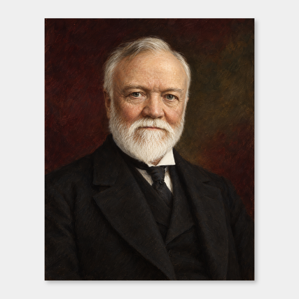 Andrew Carnegie in an original full-color oil portrait displayed on a neutral background
