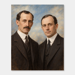 Wilbur and Orville Wright in an original full-color oil portrait displayed on a neutral background