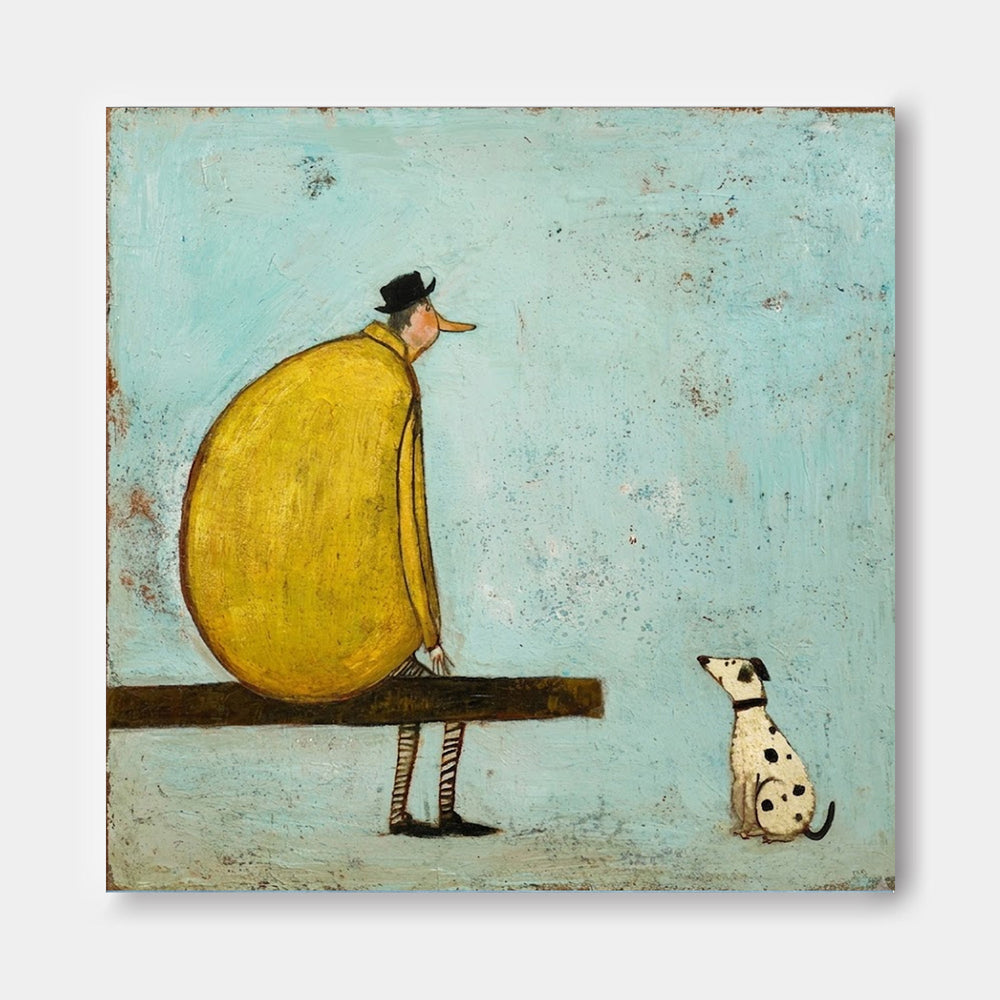 Retro Modern Square Art Print Featuring Stylized Figure And Pet In Yellow And Blue