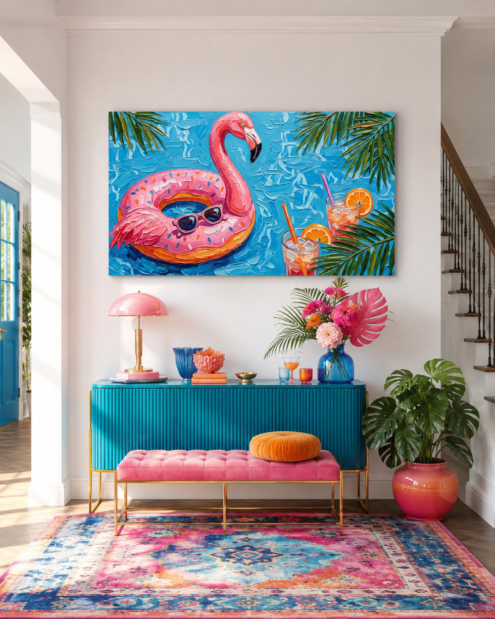 Vibrant Flamingo Pool Painting For Summer Home Decor With Retro Pop Art Style