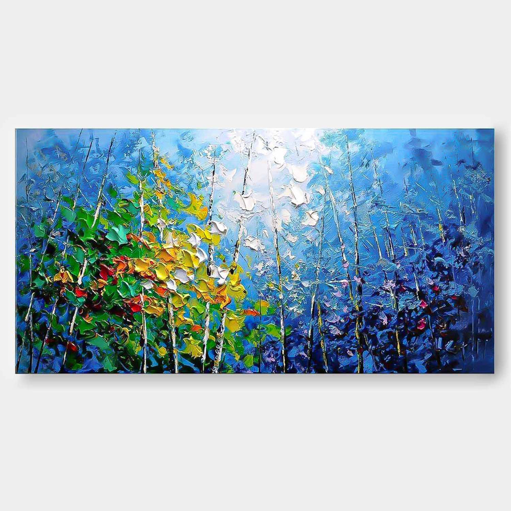 Large Wall Art Blue Forest Textured Floral Acrylic Painting Original Modern Impasto Painting On Canvas