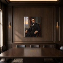 Abraham Lincoln oil portrait displayed in a dark wood meeting room