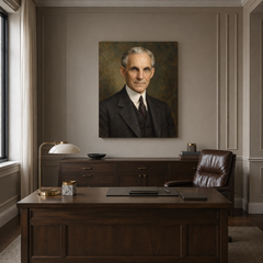 Henry Ford oil portrait in a formal executive office