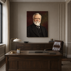 Andrew Carnegie oil portrait in a formal executive office