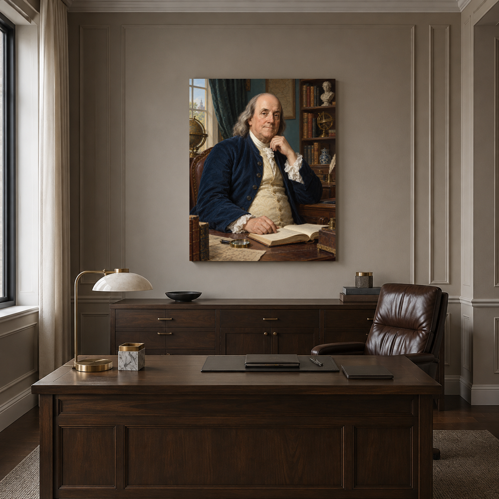 Benjamin Franklin oil portrait displayed in a formal executive office