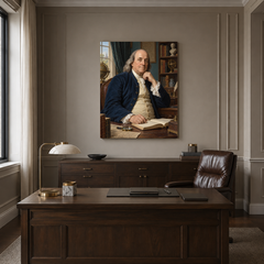 Benjamin Franklin oil portrait displayed in a formal executive office
