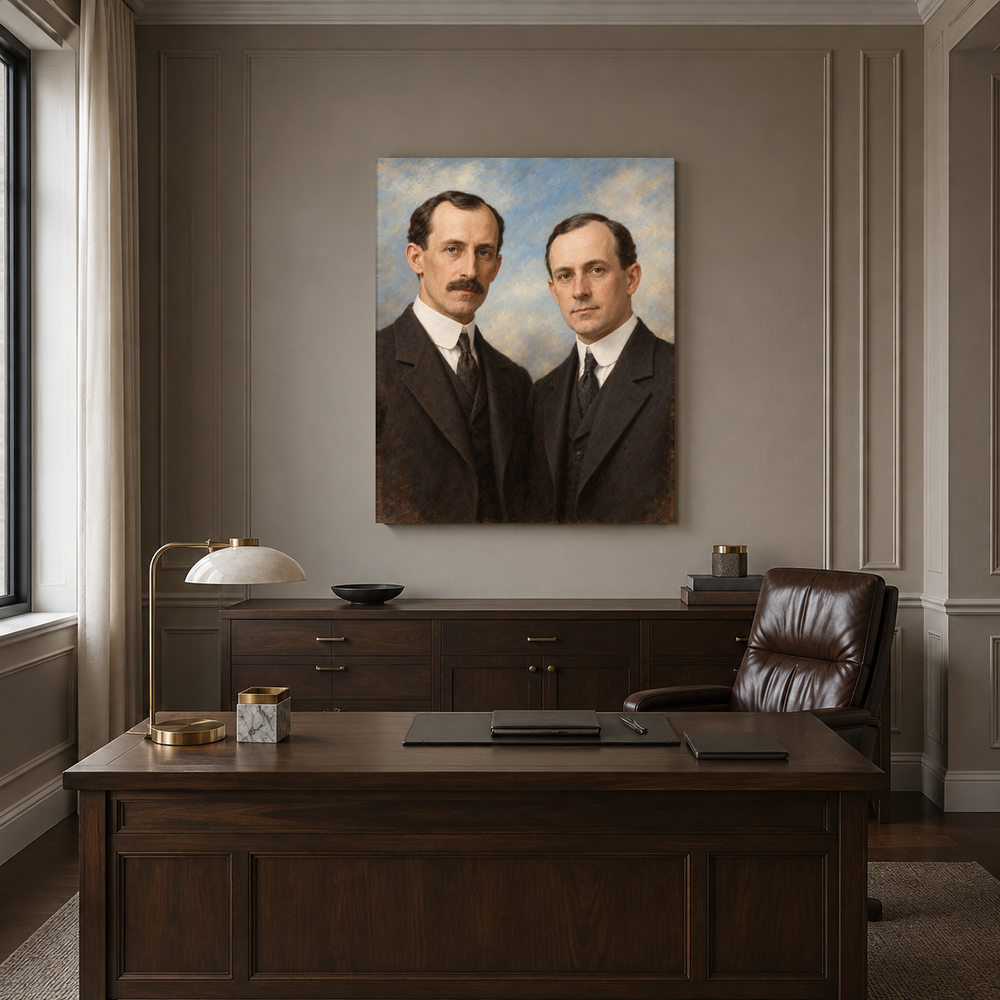 Wilbur and Orville Wright oil portrait in a formal executive office