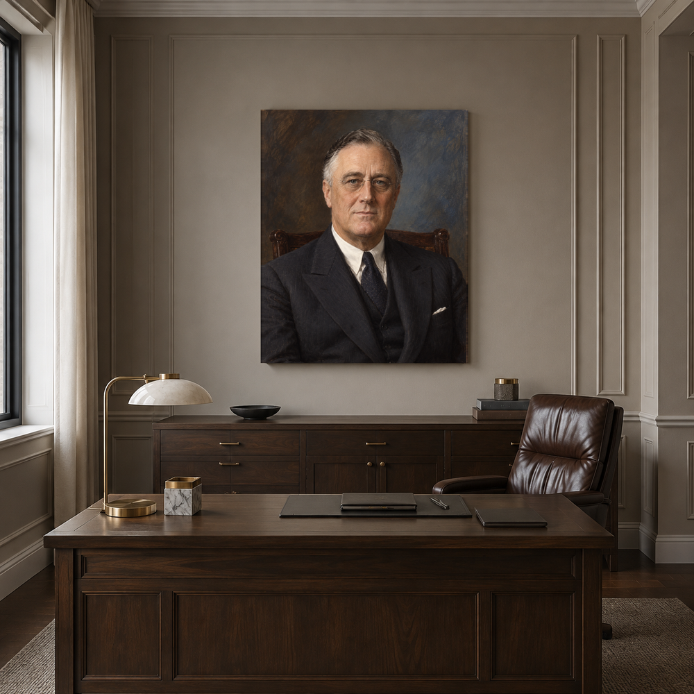 Franklin D. Roosevelt oil portrait in a formal executive office