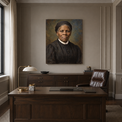 Harriet Tubman oil portrait in a formal executive office