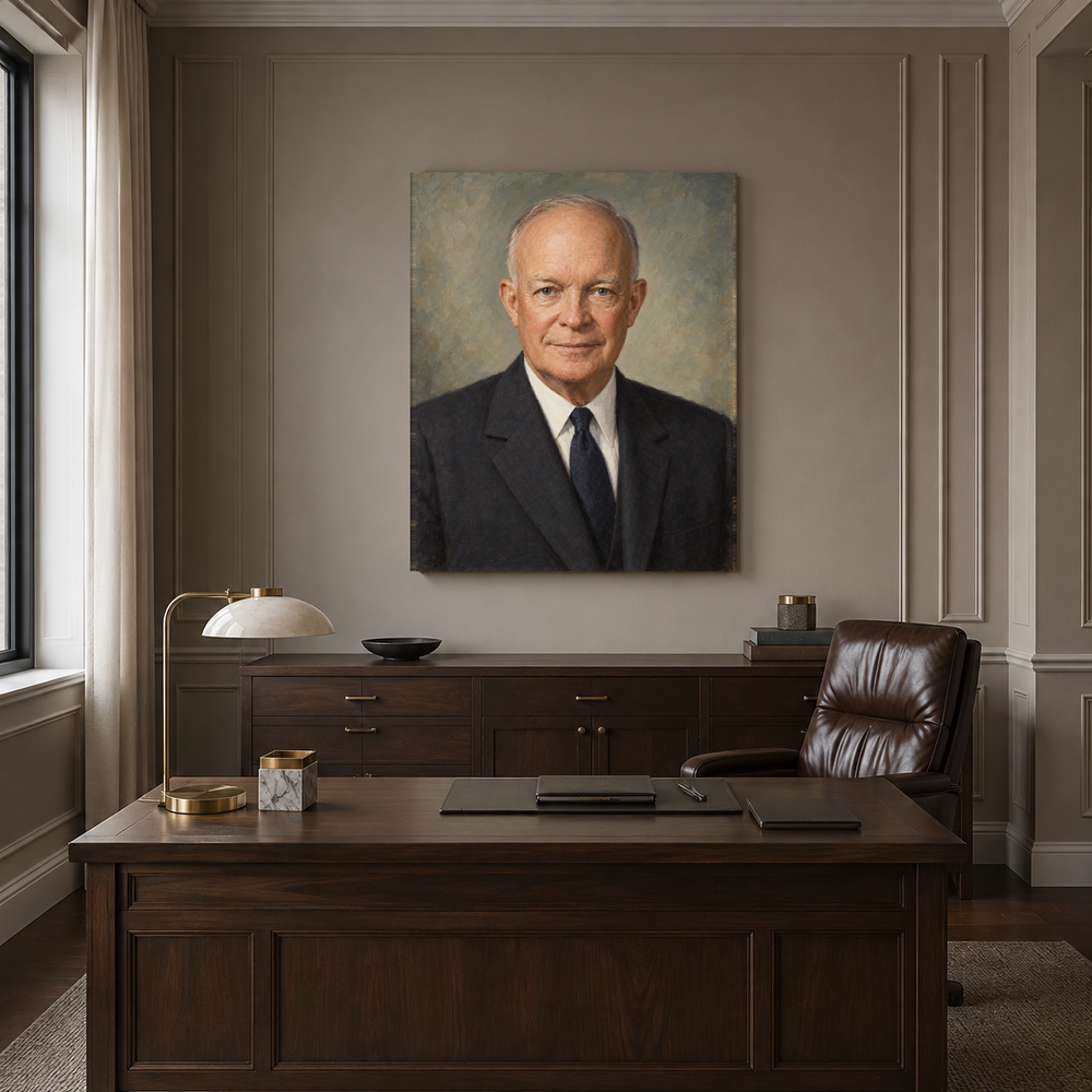 Dwight D. Eisenhower oil portrait in a formal executive office