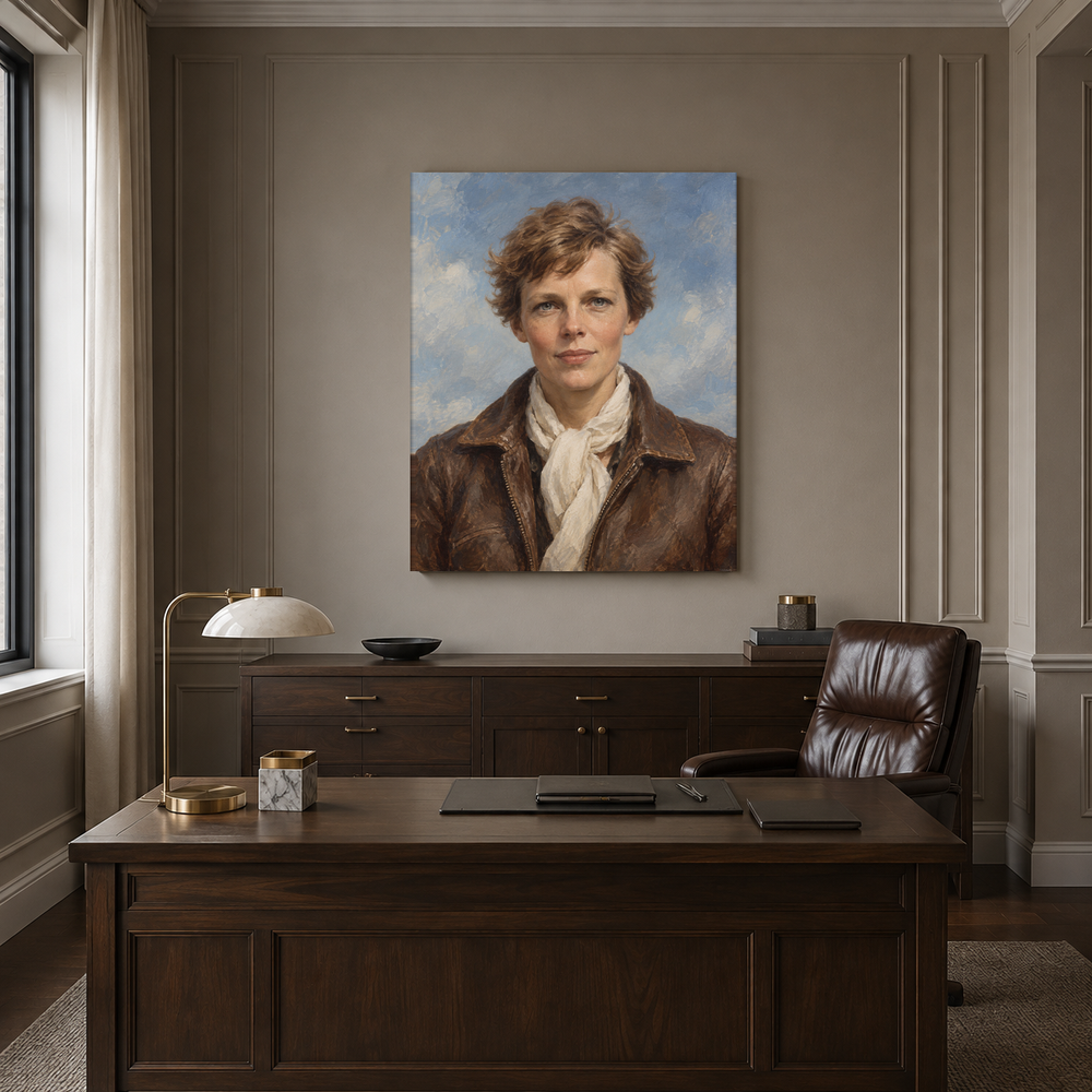 Amelia Earhart oil portrait in a formal executive office