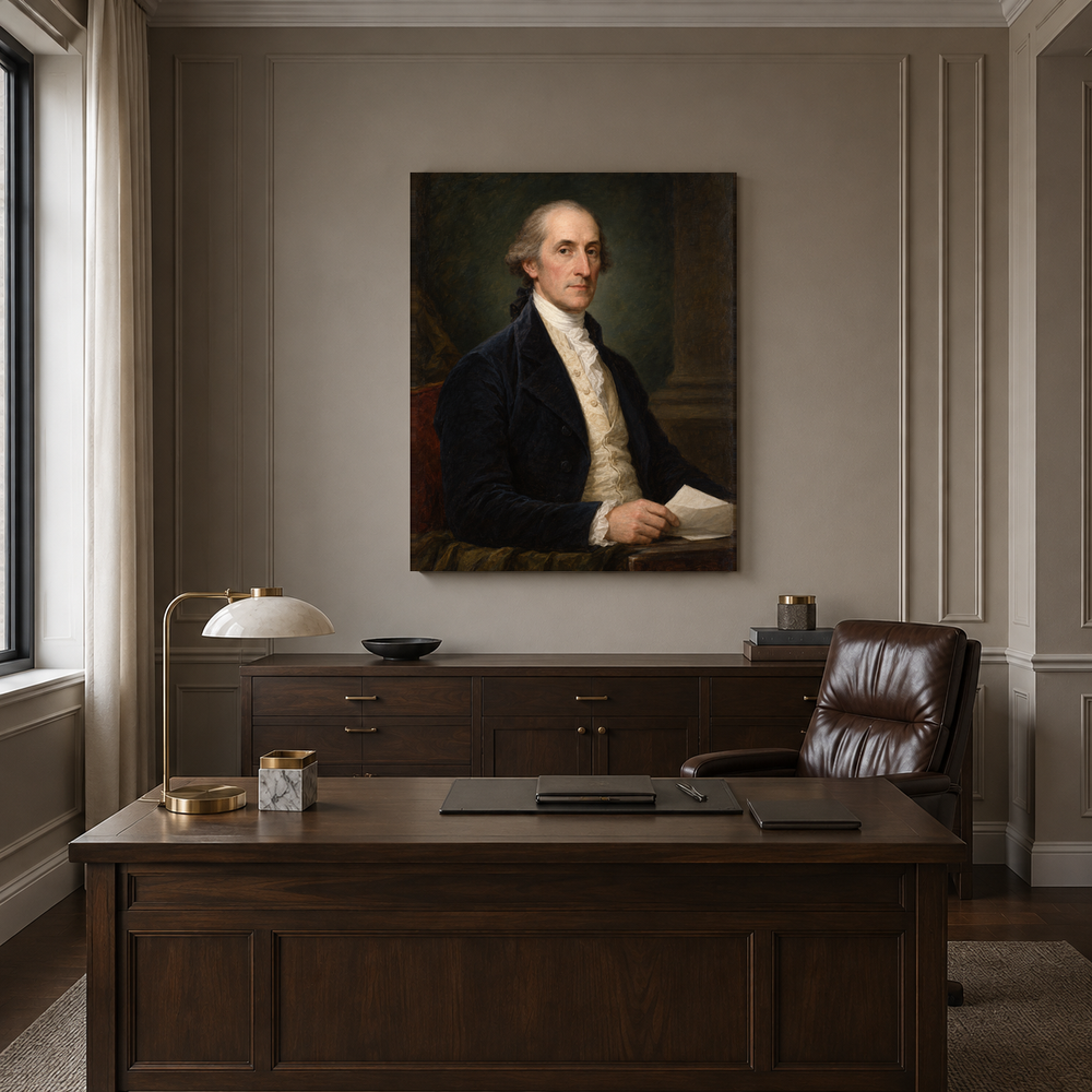 John Jay oil portrait displayed in a formal executive office