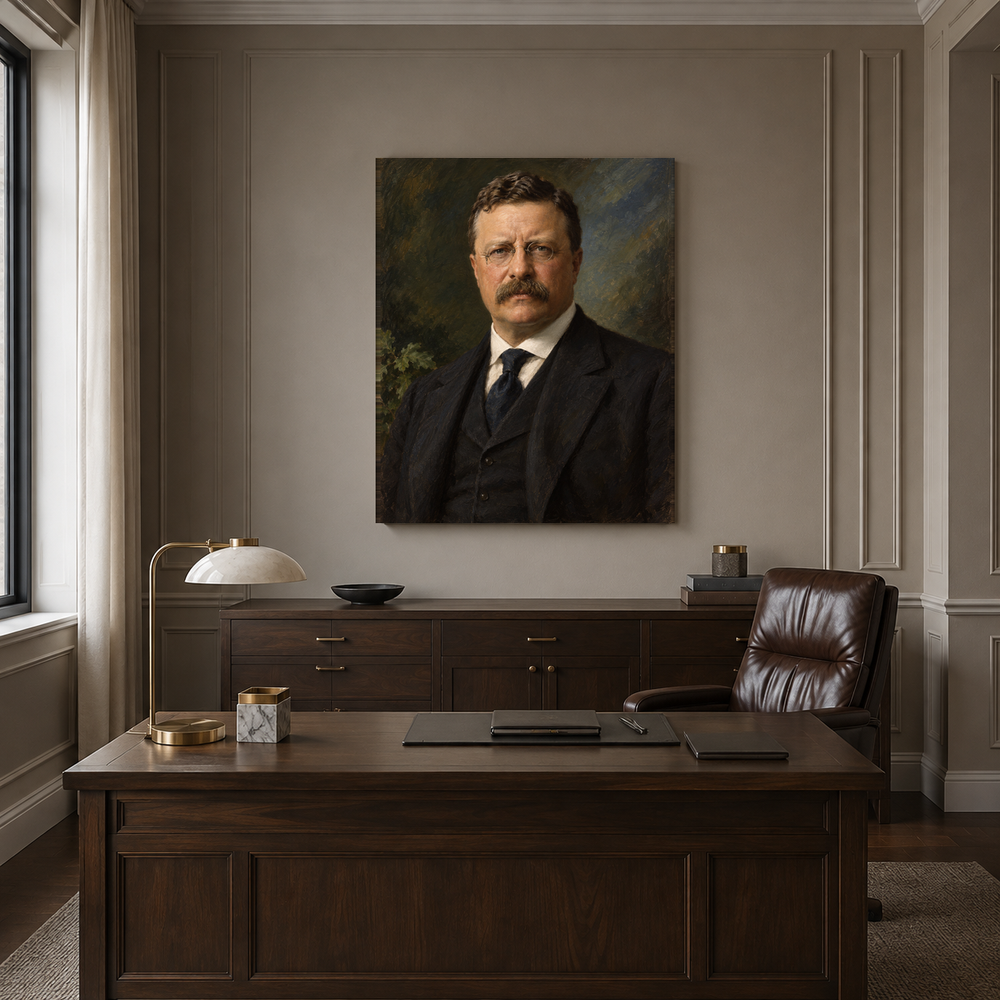 Theodore Roosevelt oil portrait in a formal executive office