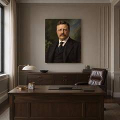 Theodore Roosevelt oil portrait in a formal executive office