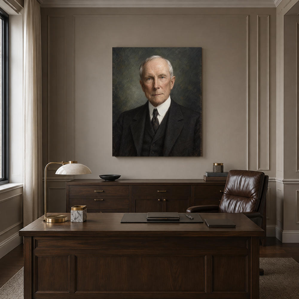 John D. Rockefeller oil portrait in a formal executive office