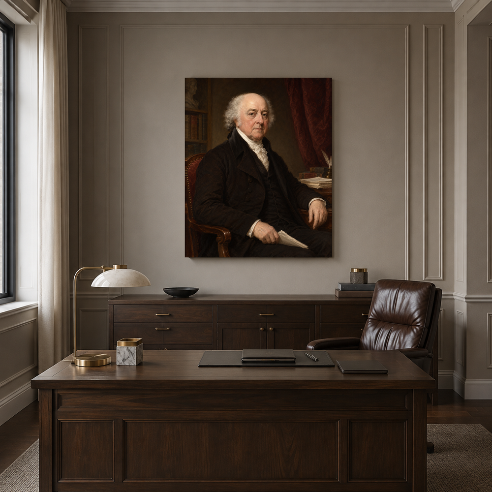 John Adams oil portrait displayed in a formal executive office