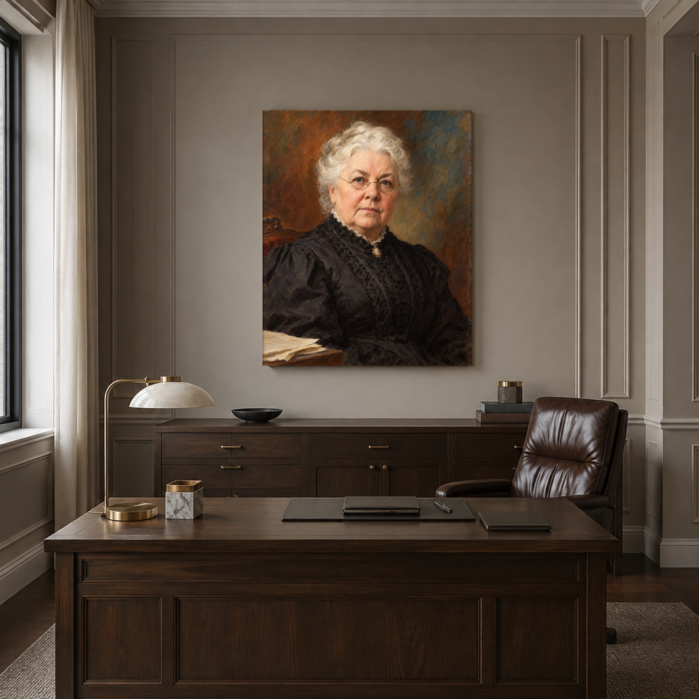 Elizabeth Cady Stanton oil portrait in a formal executive office