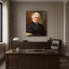 Elizabeth Cady Stanton oil portrait in a formal executive office