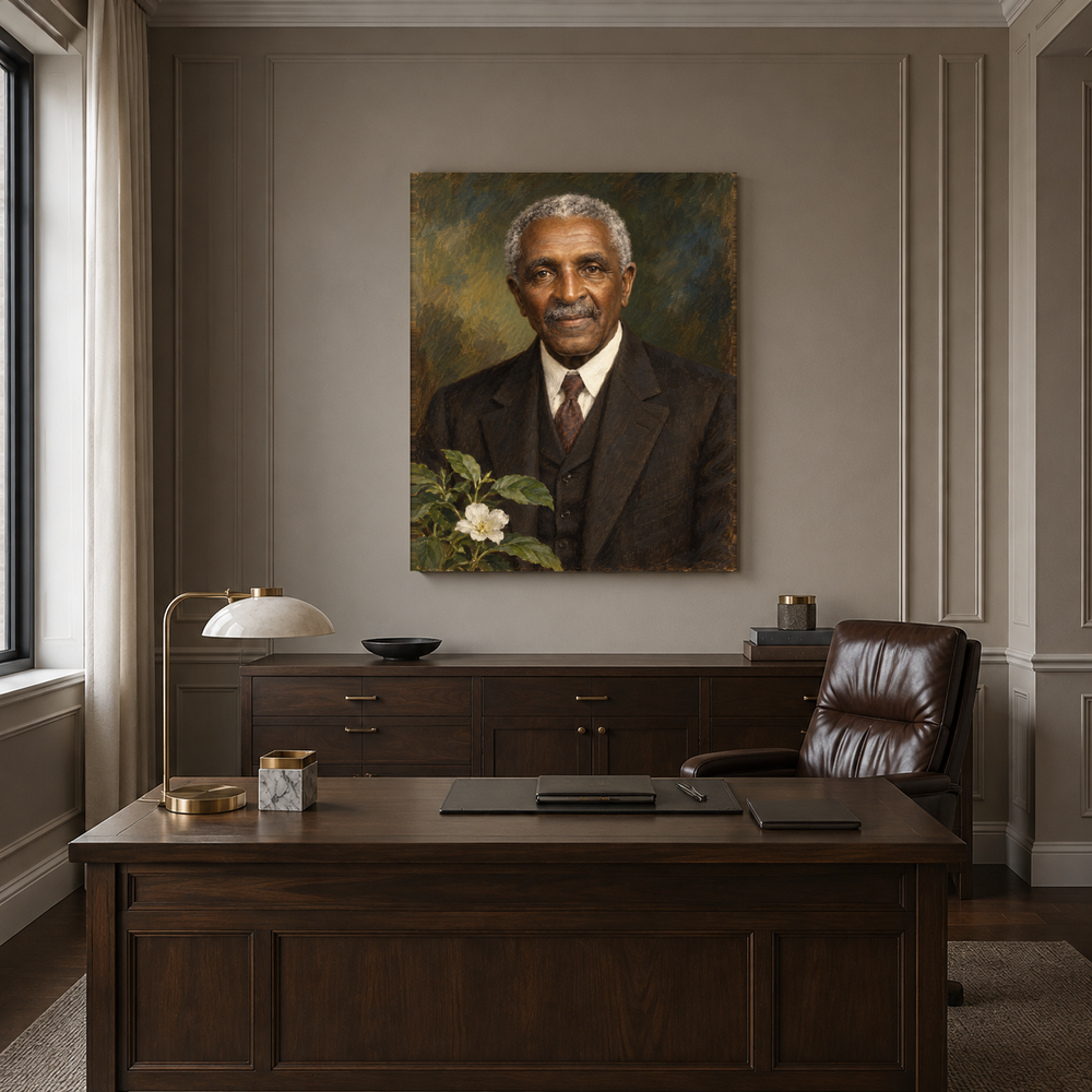 George Washington Carver oil portrait in a formal executive office