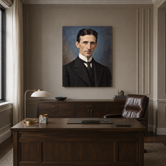 Nikola Tesla oil portrait in a formal executive office