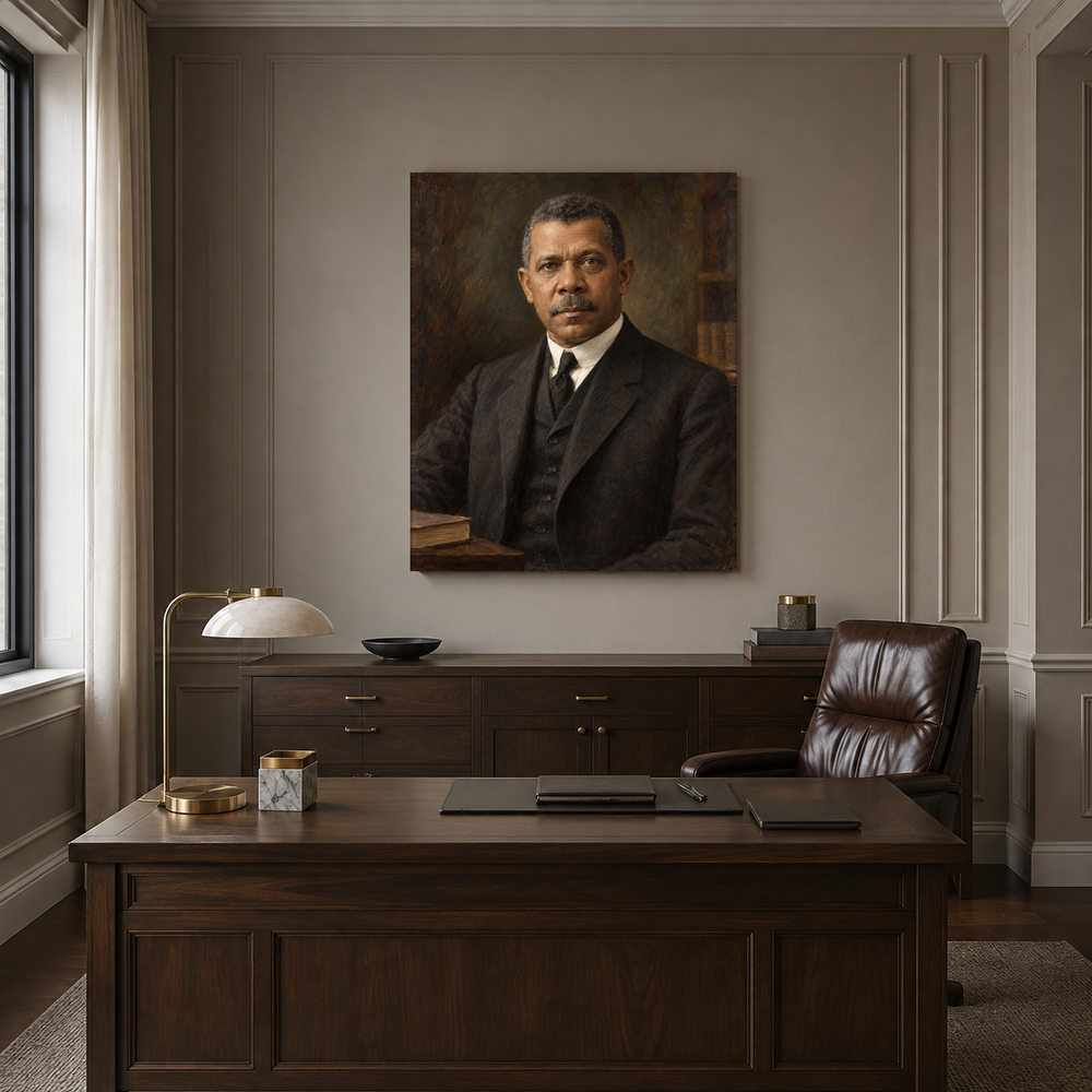 Booker T. Washington oil portrait in a formal executive office