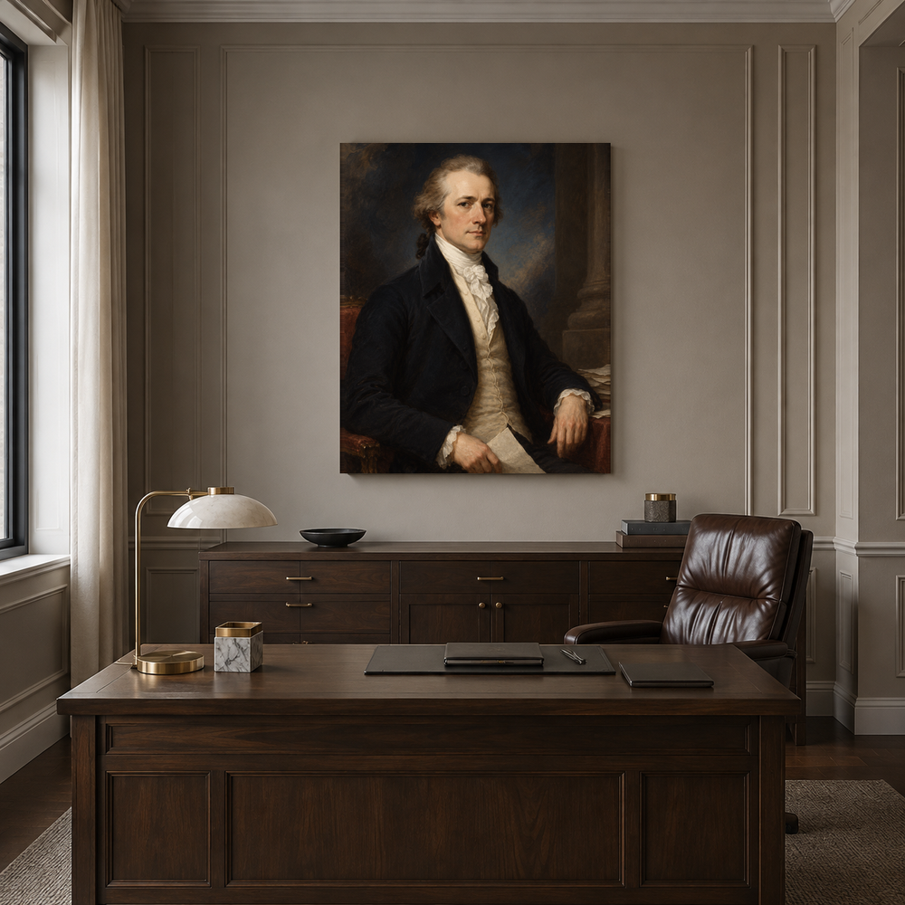 Alexander Hamilton oil portrait displayed in a formal executive office