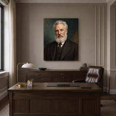Alexander Graham Bell oil portrait in a formal executive office