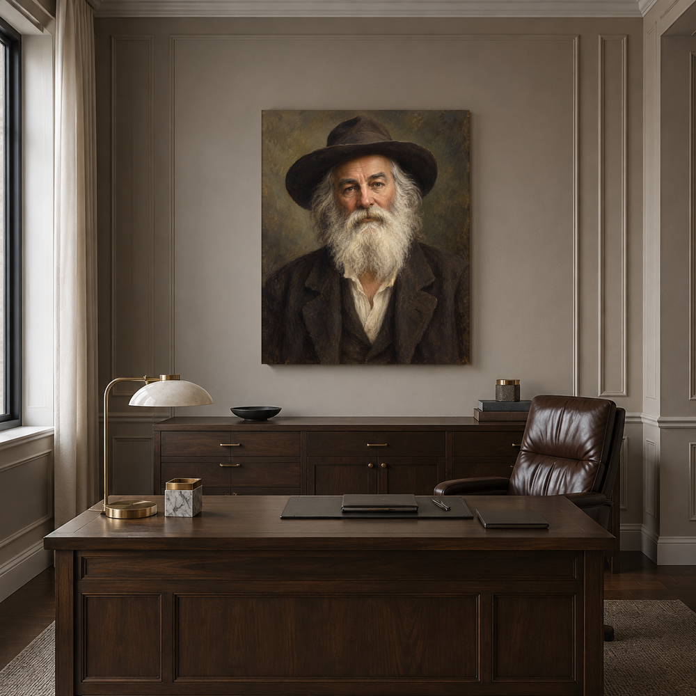 Walt Whitman oil portrait in a formal executive office