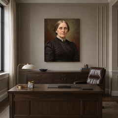 Susan B. Anthony oil portrait in a formal executive office