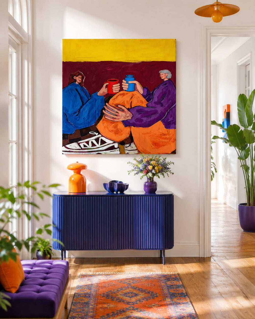 Unique Best Friends Gift Idea Square Canvas Painting Of Two Women Toasting With Mugs And Bottles