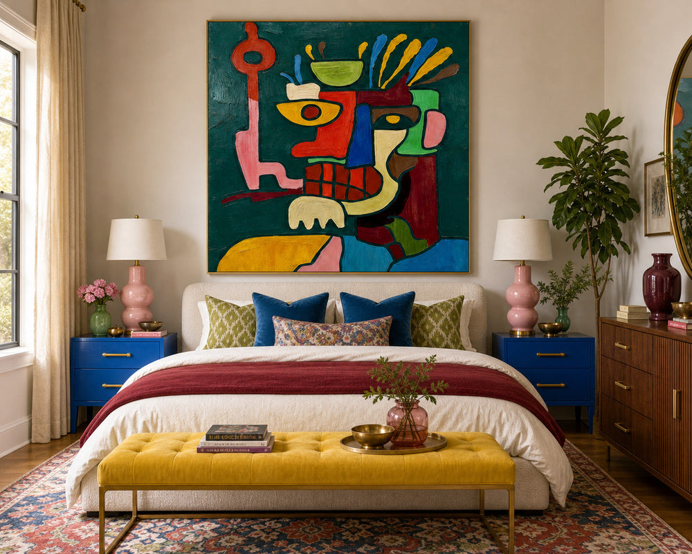 Vibrant Abstract Portrait Painting With Graffiti Elements For Modern Home Decor
