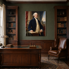 George Washington oil portrait in a traditional American study