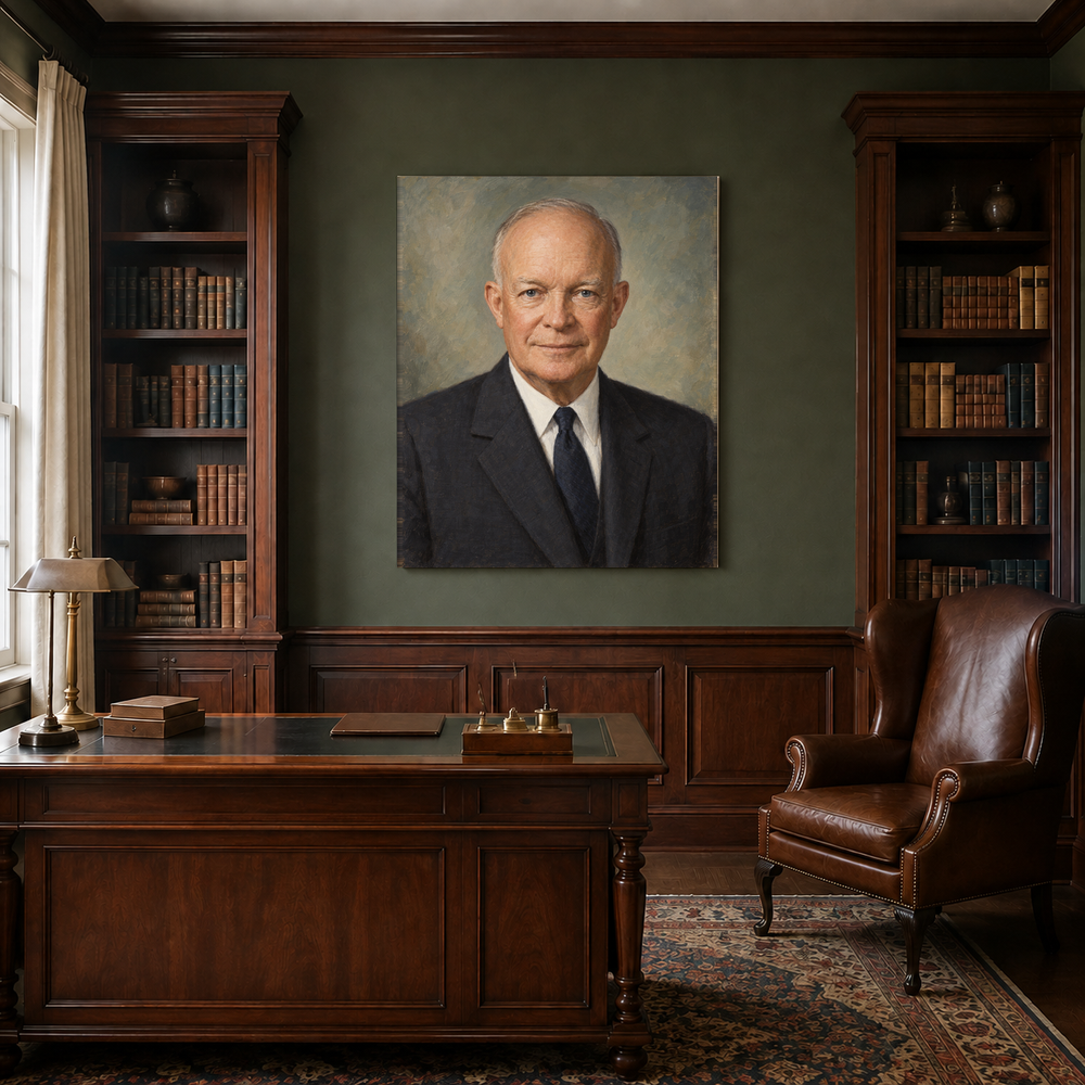 Dwight D. Eisenhower oil portrait in a traditional study