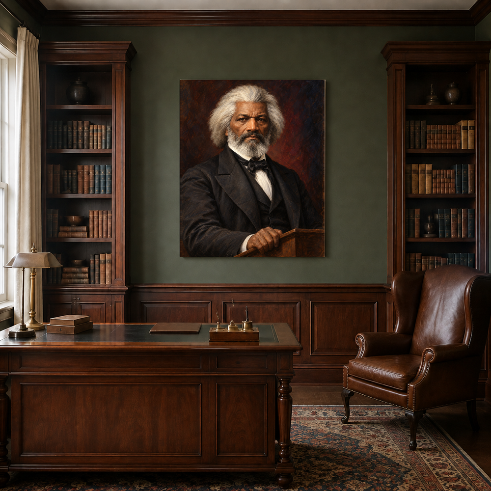 Frederick Douglass oil portrait in a traditional study