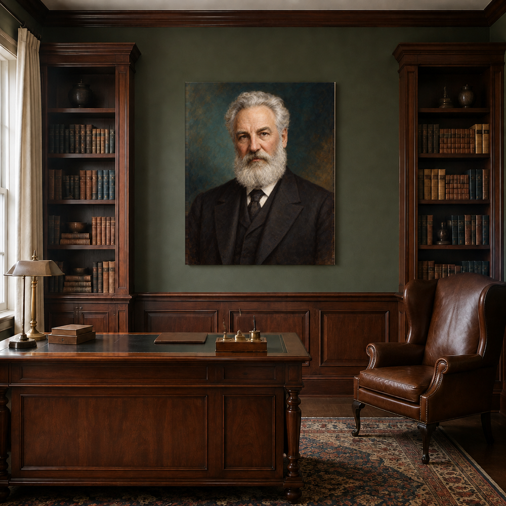 Alexander Graham Bell oil portrait in a traditional study