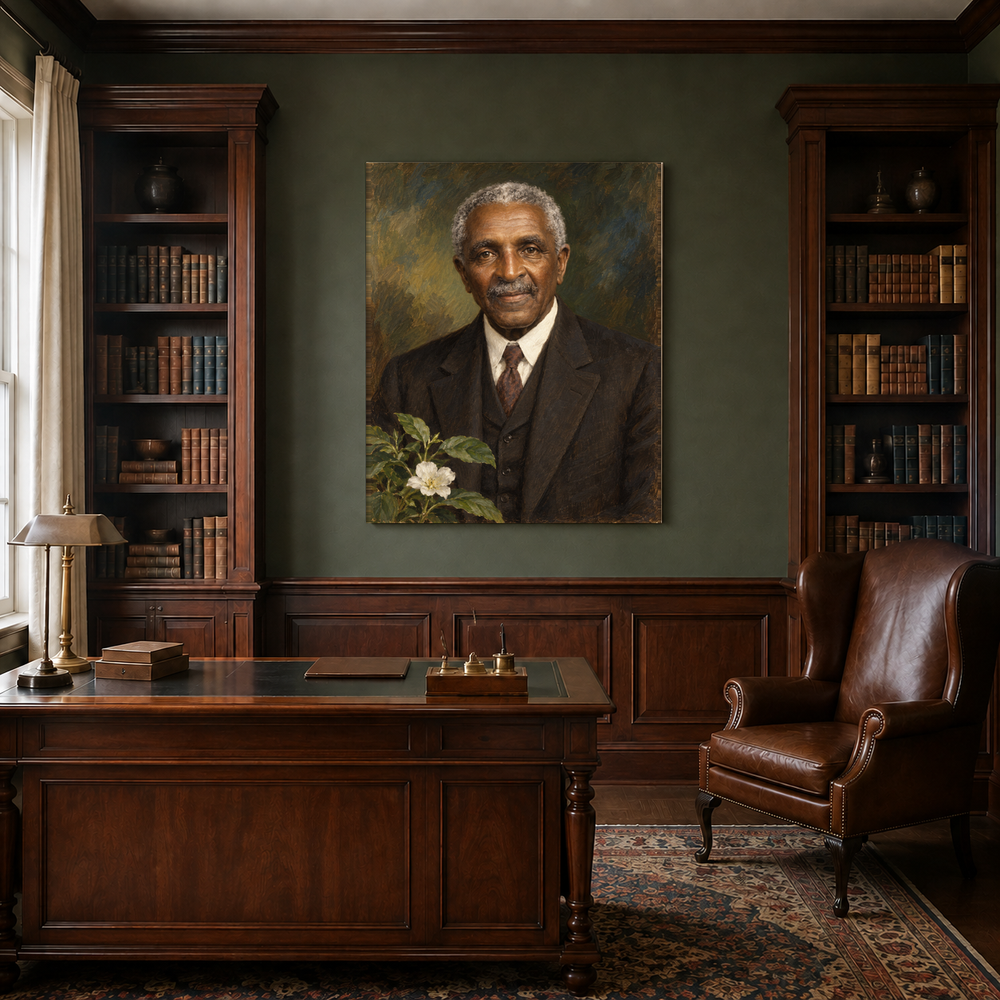 George Washington Carver oil portrait in a traditional study