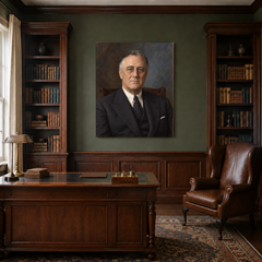 Franklin D. Roosevelt oil portrait in a traditional study