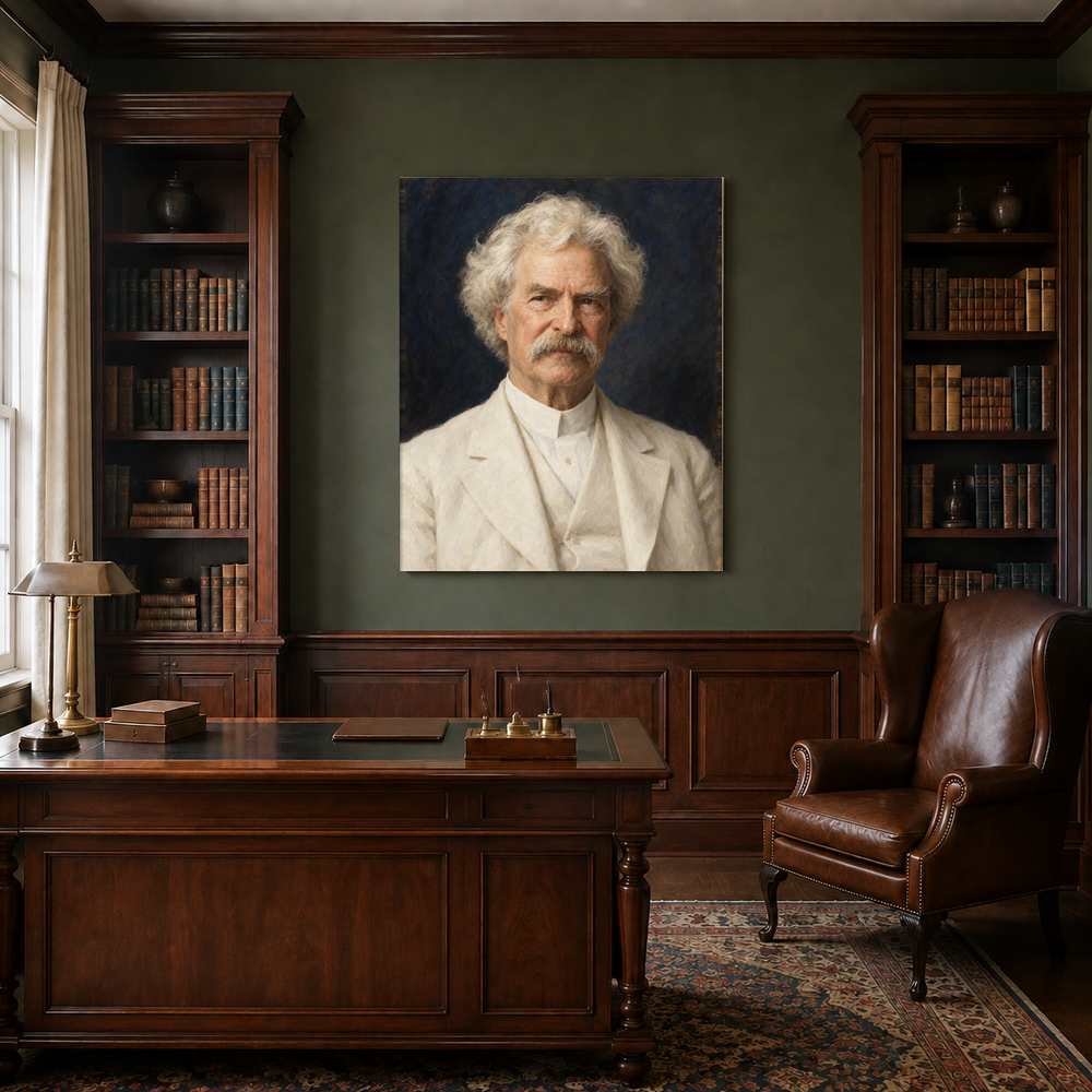 Mark Twain oil portrait in a traditional study