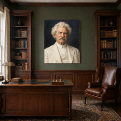 Mark Twain oil portrait in a traditional study