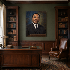 Martin Luther King Jr. oil portrait in a traditional study