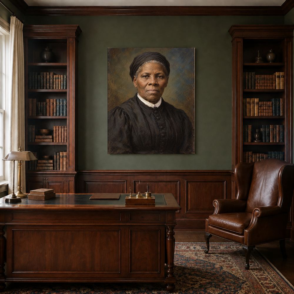 Harriet Tubman oil portrait in a traditional study