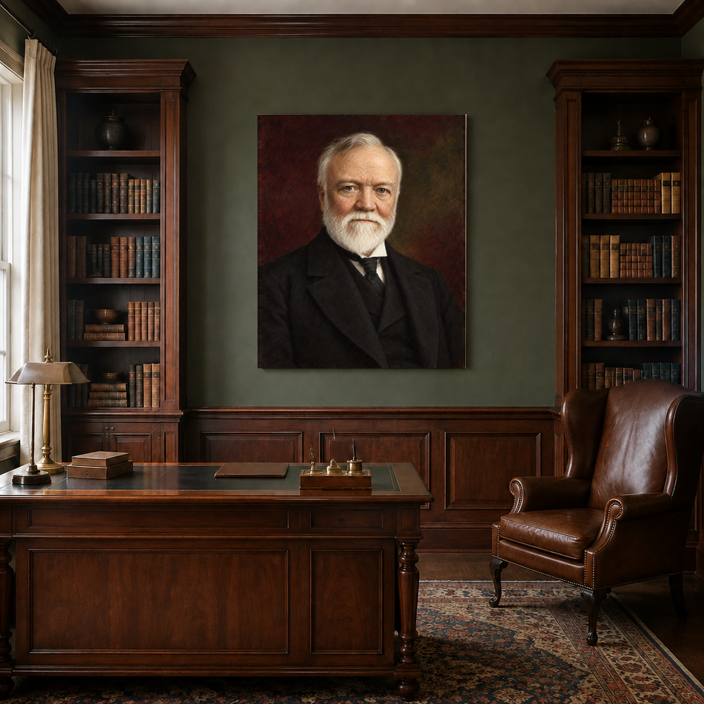 Andrew Carnegie oil portrait in a traditional study