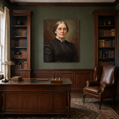 Susan B. Anthony oil portrait in a traditional study