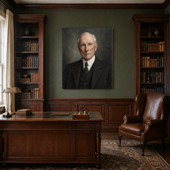 John D. Rockefeller oil portrait in a traditional study